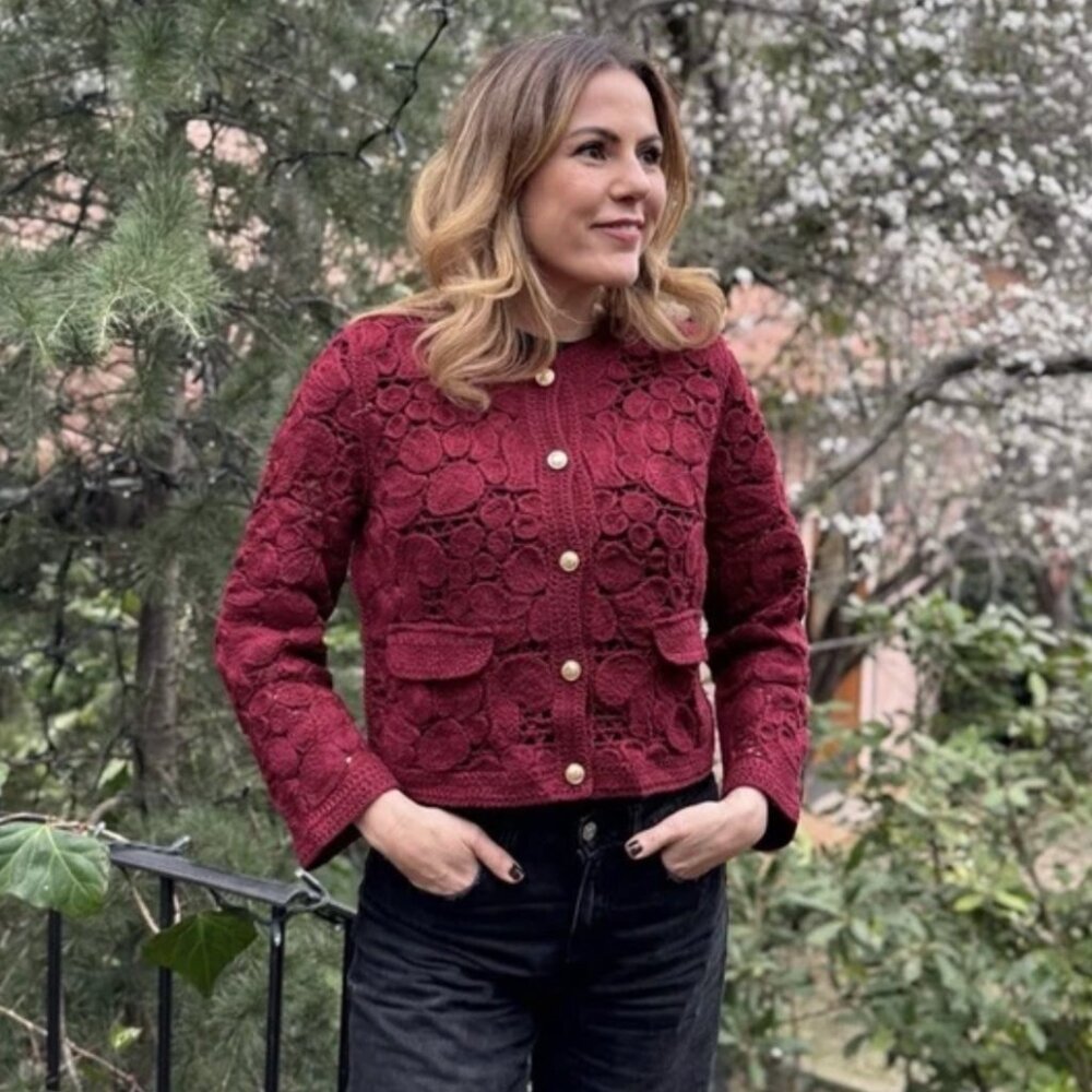 ZARA Women MACRAME Crochet KNIT Cardigan Jacket Maroon Wine Burgundy Floral M 19
